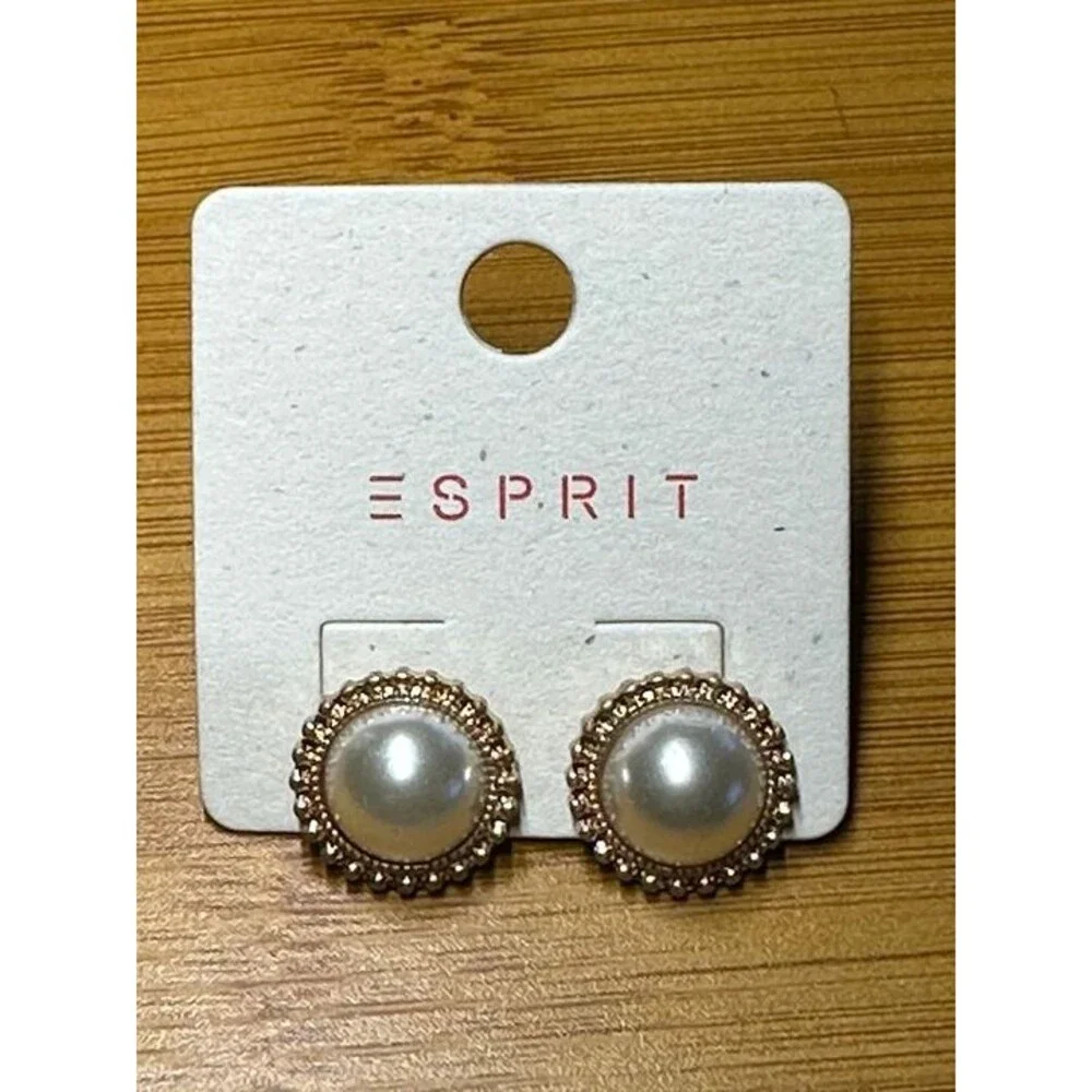ESPRIT Gold Tone Pearl Stud Earrings Beaded Border Bridal Classic Style New